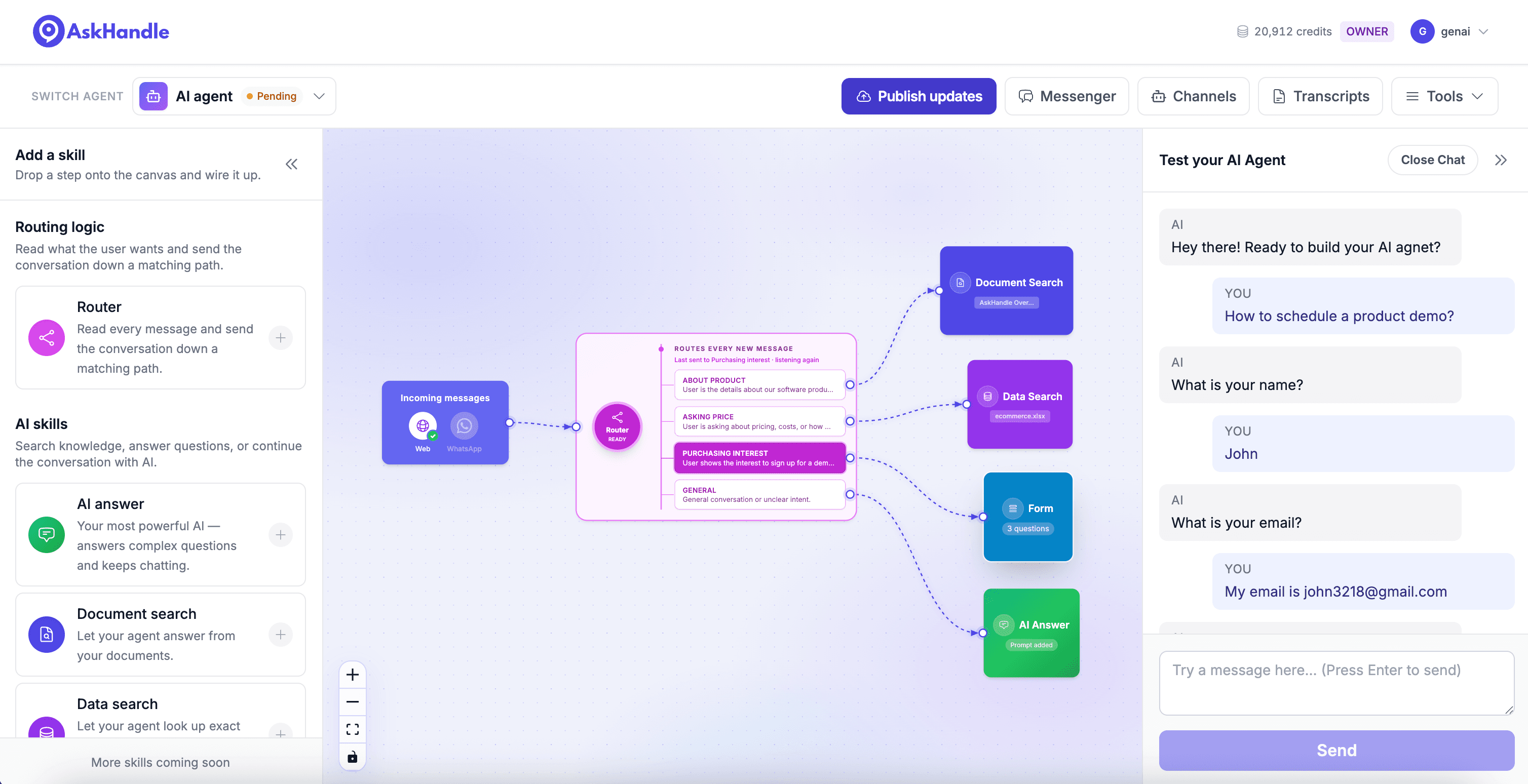 AskHandle dashboard: node list on the left, canvas in the middle, test chat on the right